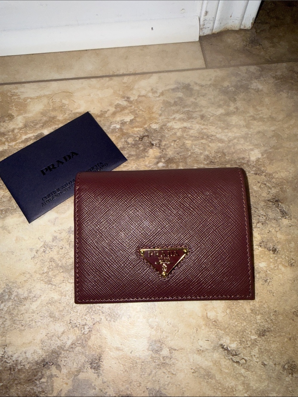 Prada Burgundy Saffiano Leather Triangular Logo Card Wallet
